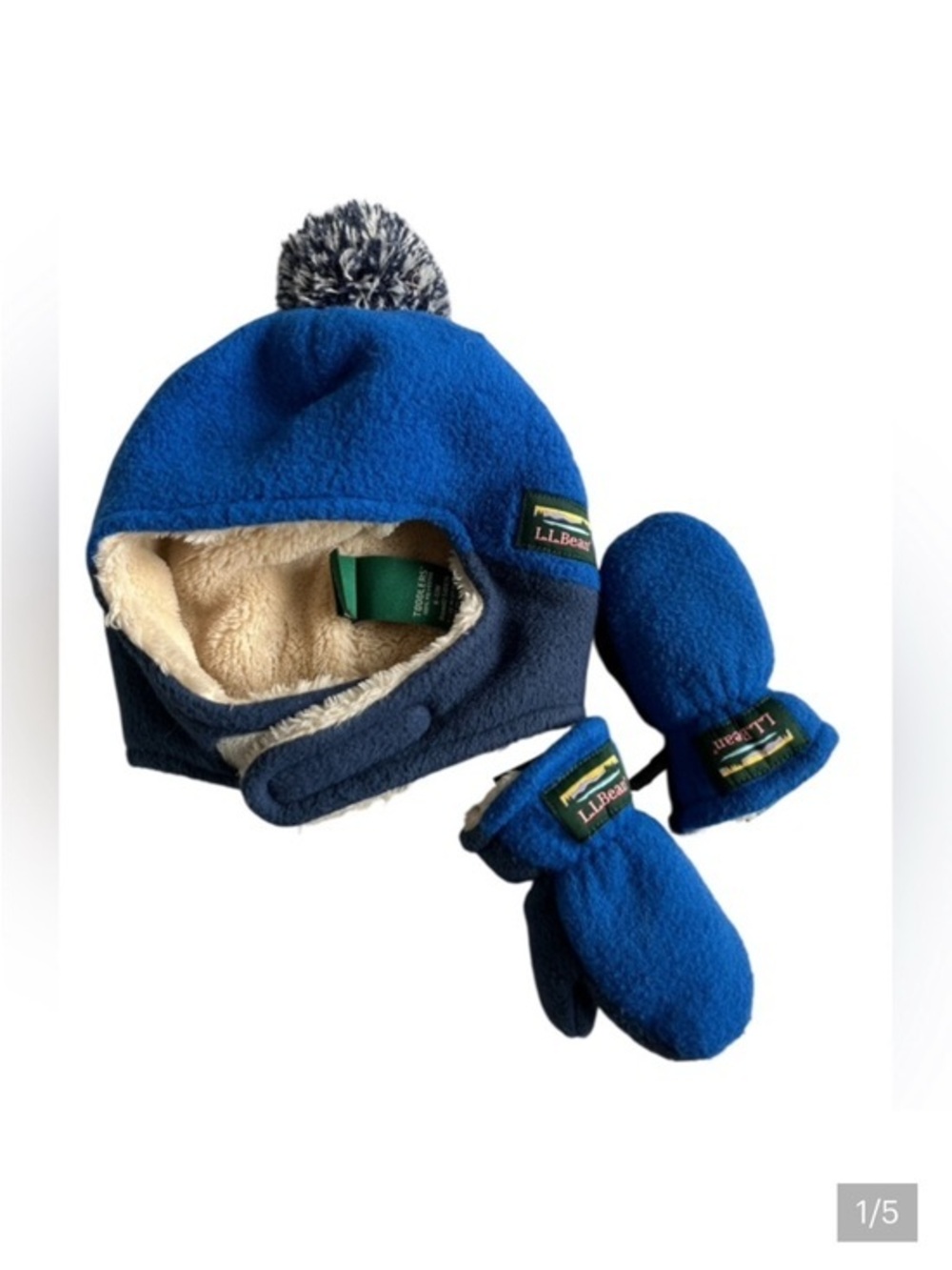 L.L. Bean Royal Blue and Navy Kids Fleece Pom Hat with Mittens